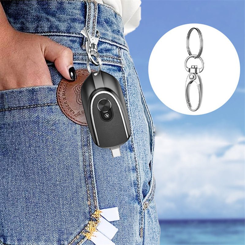 "2-in-1 Mini Keychain Power Bank with Retractable Plug, Waterproof Design, 1200mAh Backup, and Dual 5V Output – Convenient Keyring Charging Accessory"